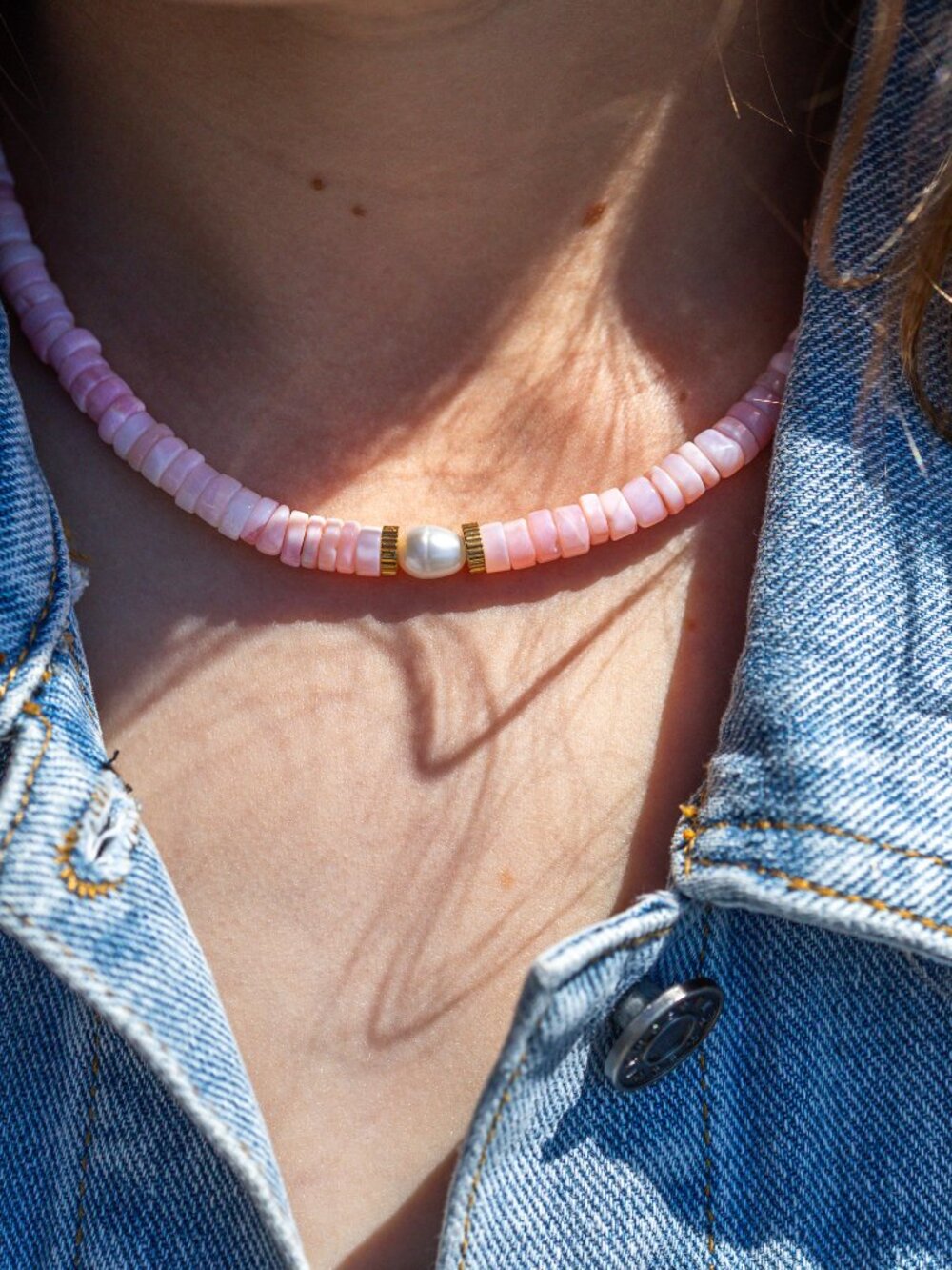 Pink Opal Necklace w/freshwater Pearl Beaded Necklace Waterproof Gold Necklace